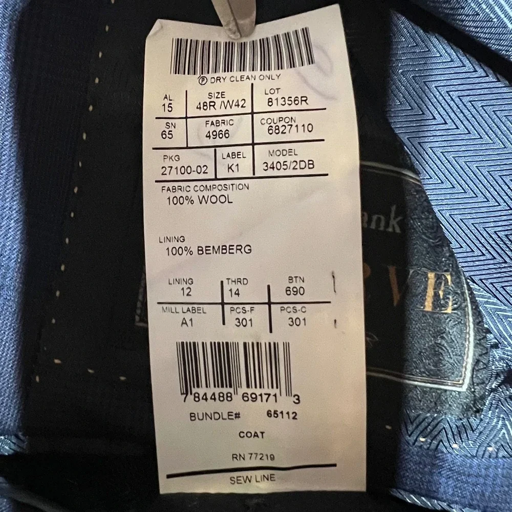 Jos. A. Bank Reserve Navy Blue Glen Plaid 100% Wool Suit 48R W42 3405/2DB